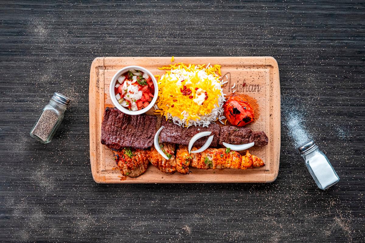 Bakhtiari chicken and barg kebab platter with saffron rice