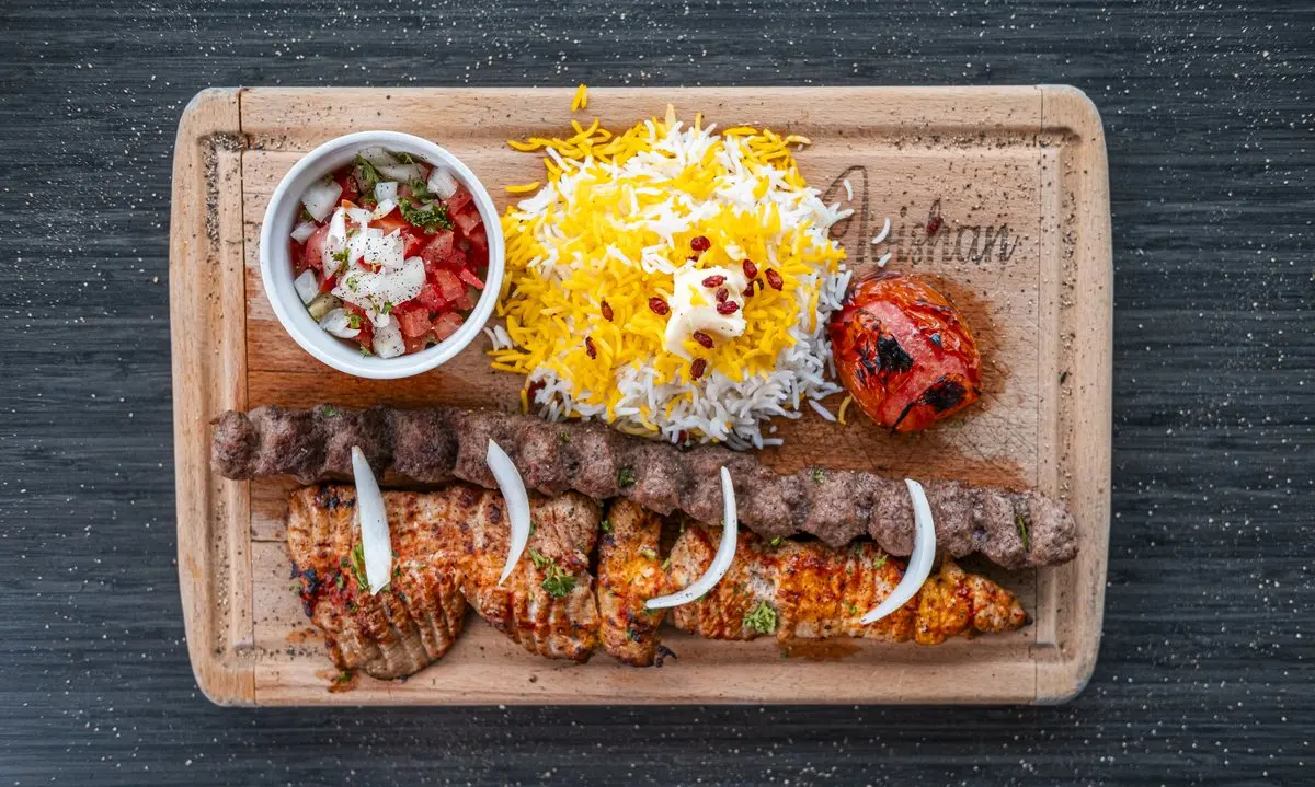 Bakhtiari lamb and chicken kebab platter with saffron rice