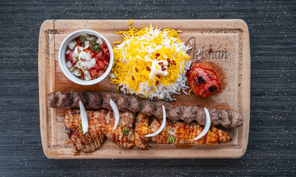 Bakhtiari chicken and barg kebab platter with saffron rice