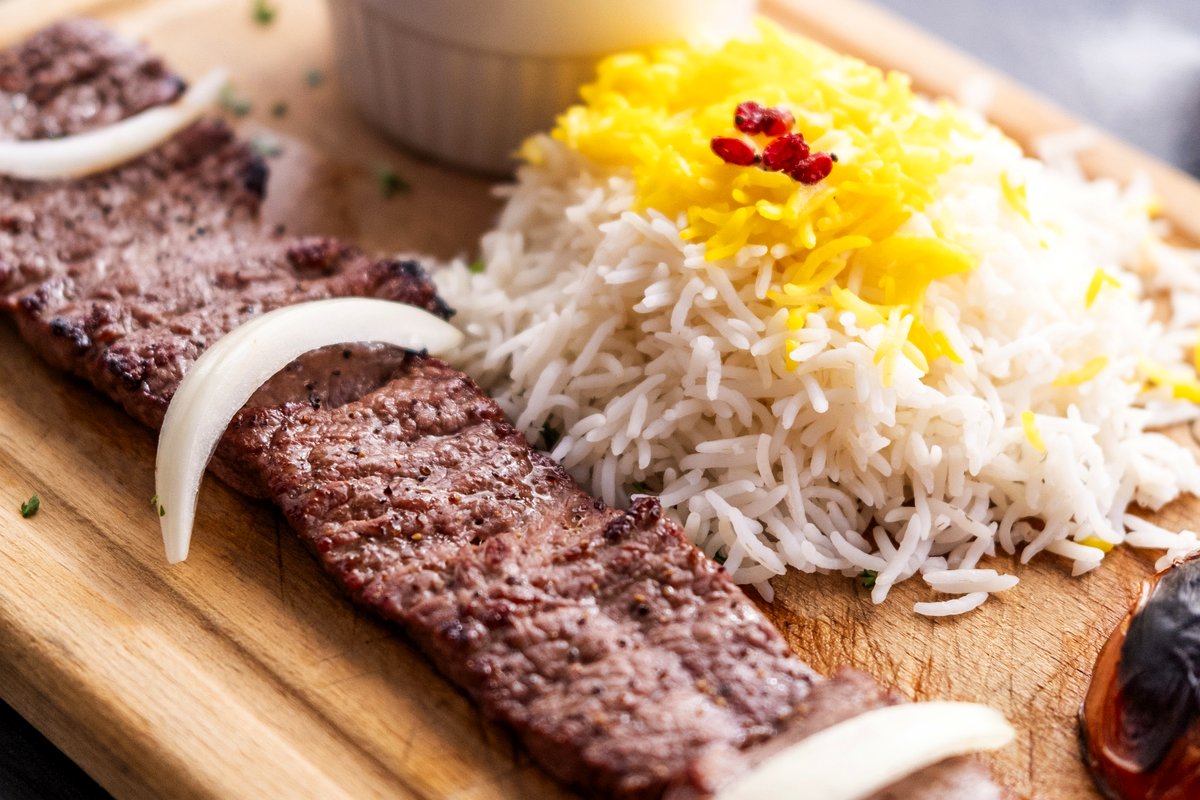 Barg lamb tenderloin kebab with saffron rice and grilled onion