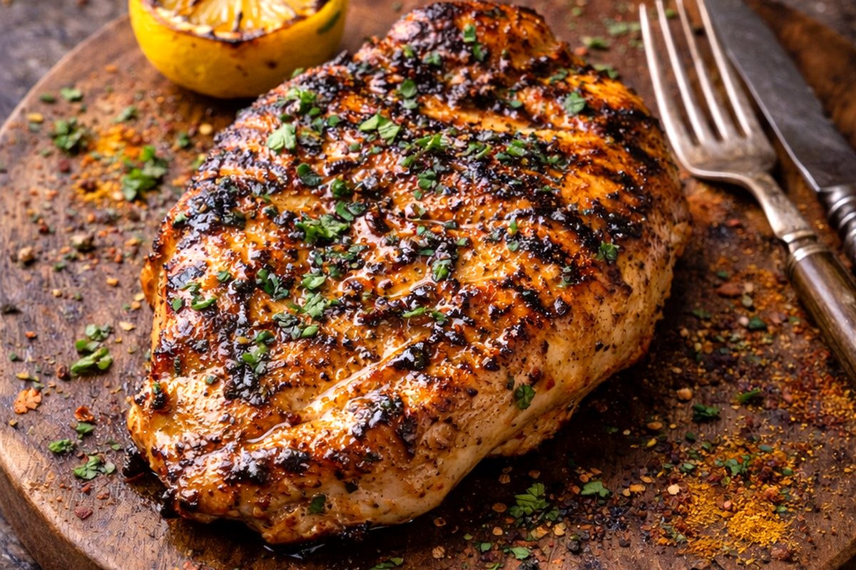 Grilled chicken steak on a wooden board