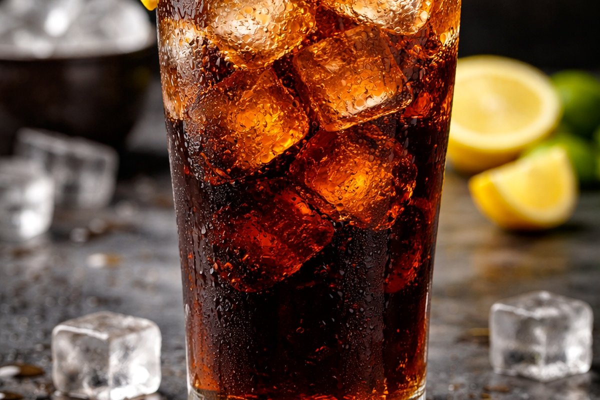 Canned soft drink served over ice
