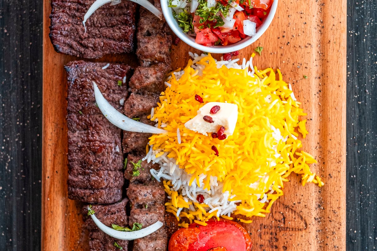 Soltani platter of barg and koobideh with saffron rice