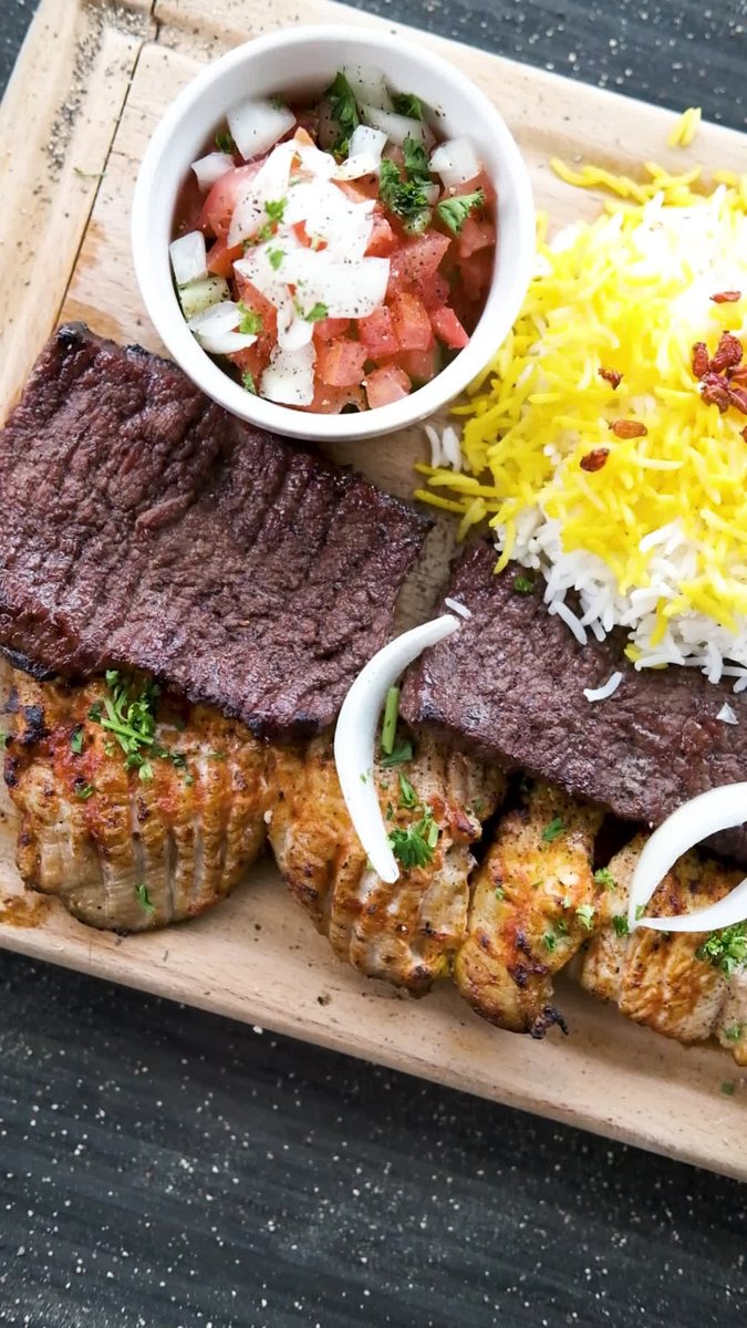 Soltani platter of koobideh and barg kebabs with saffron rice
