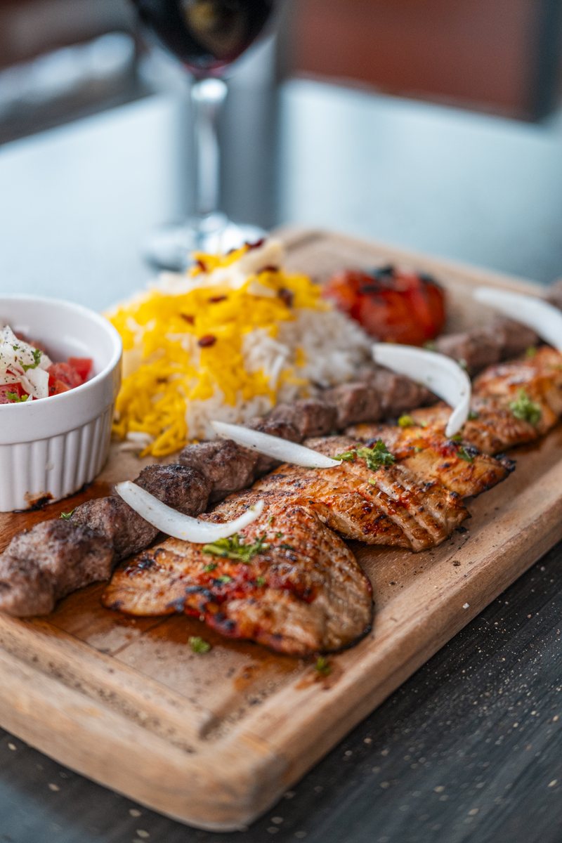 Vaziri plate of koobideh and chicken kebab with saffron rice